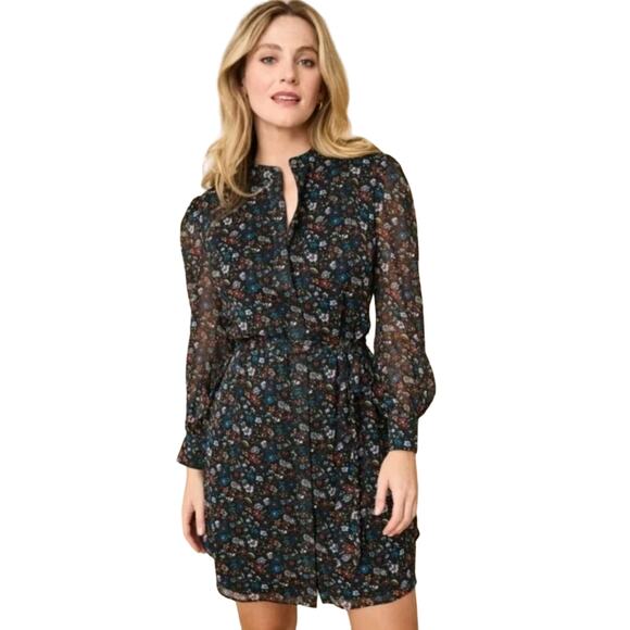 Untuckit Floral Collarless Marnie Shirt Dress Button Front Sheer Lined Tie, Size - Picture 1 of 8
